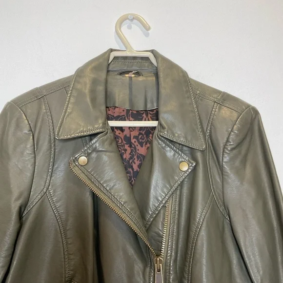 Free People Faux Leather Moto Biker Jacket in Olive Green Size Medium - Picture 4 of 10